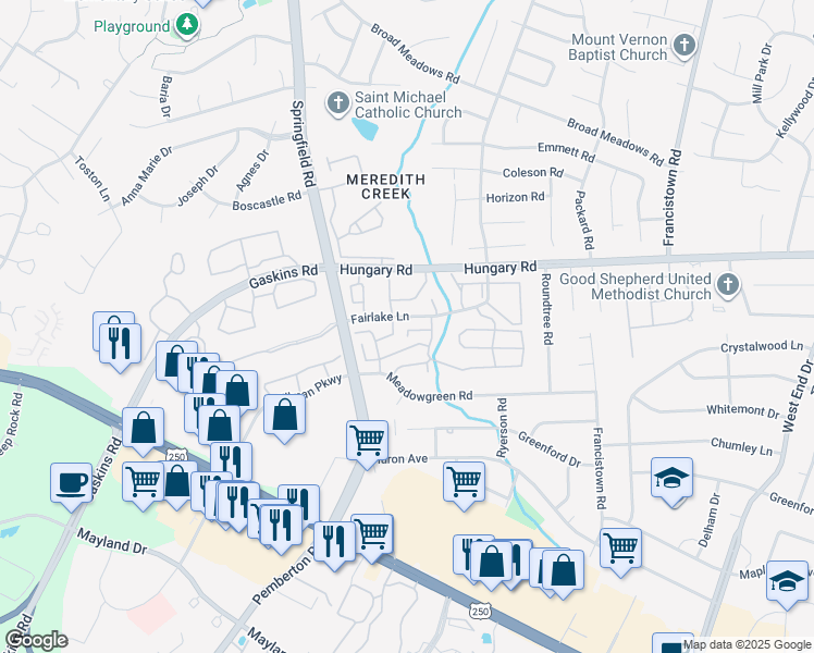 map of restaurants, bars, coffee shops, grocery stores, and more near 3916 Fairlake Place in Henrico