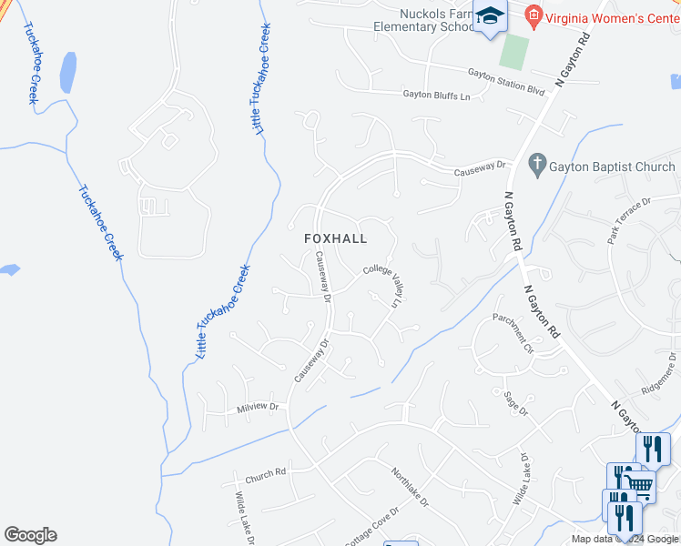 map of restaurants, bars, coffee shops, grocery stores, and more near 4004 College Valley Court in Richmond