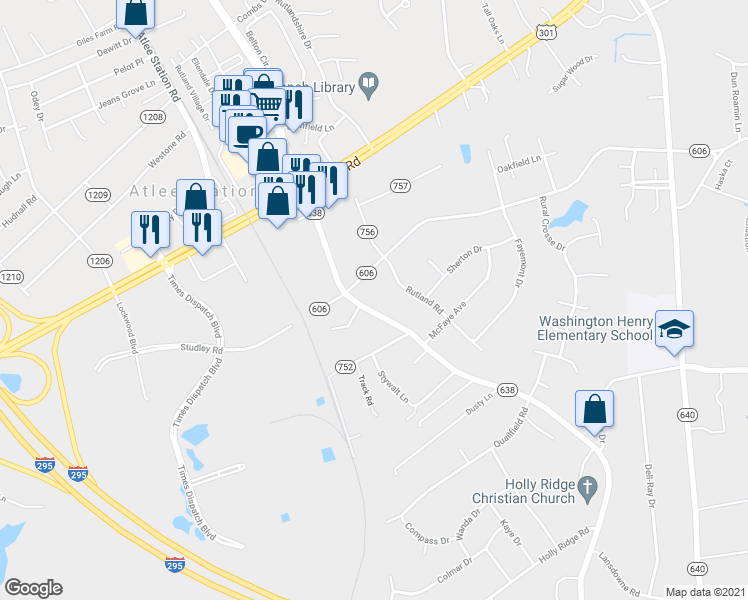 map of restaurants, bars, coffee shops, grocery stores, and more near 9094 Atlee Road in Mechanicsville