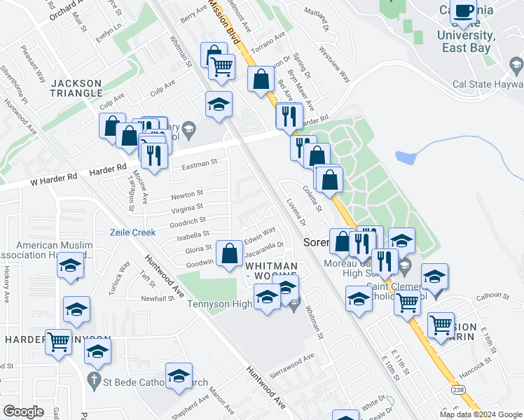 map of restaurants, bars, coffee shops, grocery stores, and more near 590 Cottage Park Drive in Hayward