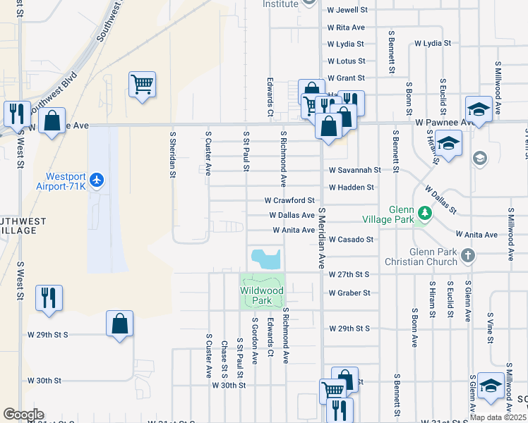 map of restaurants, bars, coffee shops, grocery stores, and more near 2726 West Dallas Street in Wichita