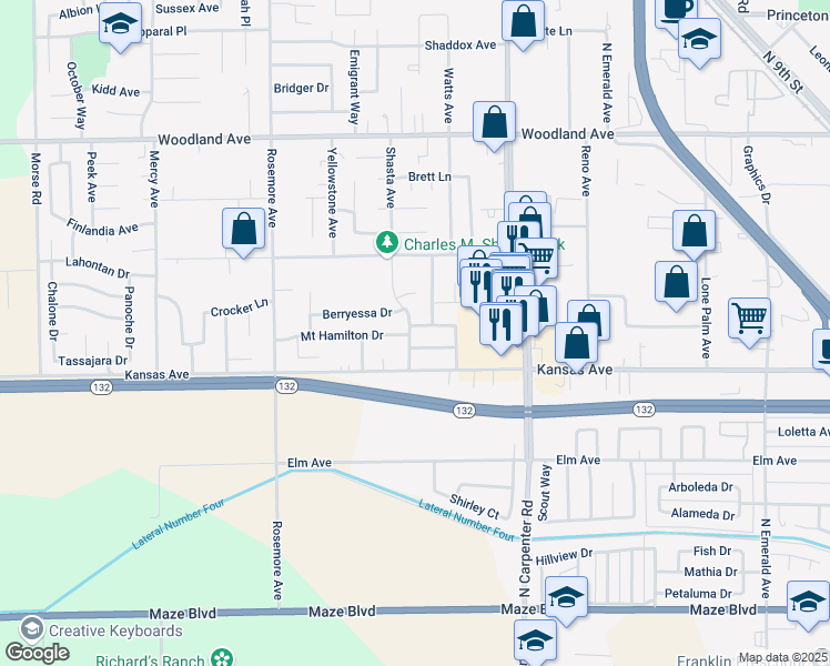 map of restaurants, bars, coffee shops, grocery stores, and more near 1800 Mount Hamilton Drive in Modesto