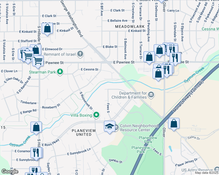 map of restaurants, bars, coffee shops, grocery stores, and more near 4040 East Whitney Lane in Wichita