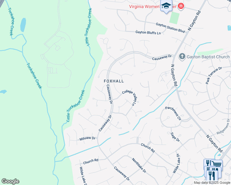 map of restaurants, bars, coffee shops, grocery stores, and more near 4004 College Valley Court in Richmond