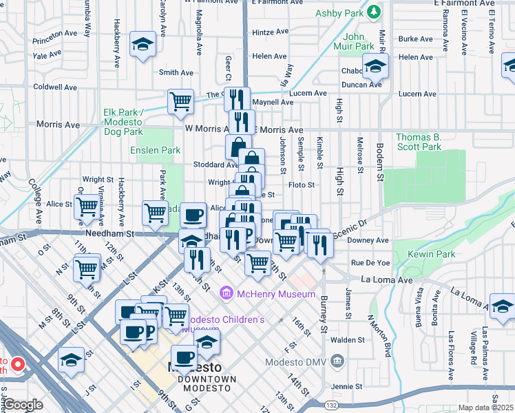 map of restaurants, bars, coffee shops, grocery stores, and more near 115 Grant Street in Modesto