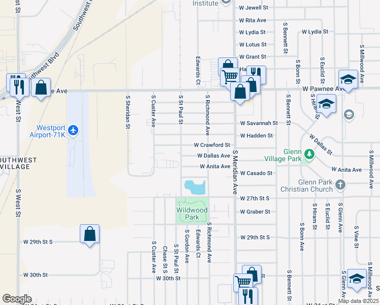 map of restaurants, bars, coffee shops, grocery stores, and more near 2726 West Dallas Street in Wichita