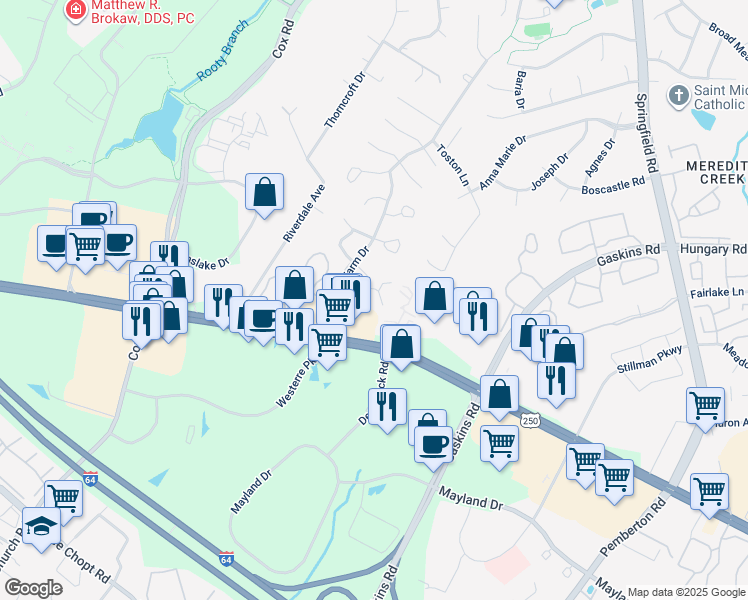 map of restaurants, bars, coffee shops, grocery stores, and more near 4029 Bush Lake Place in Glen Allen