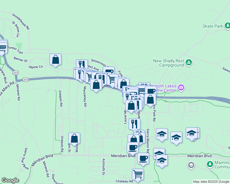 map of restaurants, bars, coffee shops, grocery stores, and more near 3221 Main Street in Mammoth Lakes