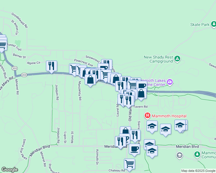 map of restaurants, bars, coffee shops, grocery stores, and more near 3221 Main Street in Mammoth Lakes