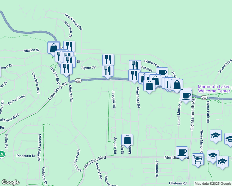 map of restaurants, bars, coffee shops, grocery stores, and more near 104 Joaquin Road in Mammoth Lakes