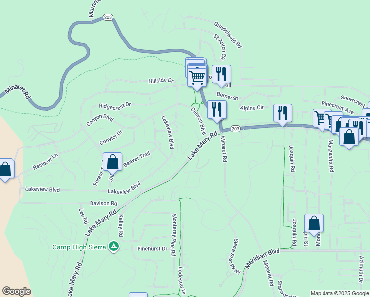 map of restaurants, bars, coffee shops, grocery stores, and more near 141 Lakeview Boulevard in Mammoth Lakes