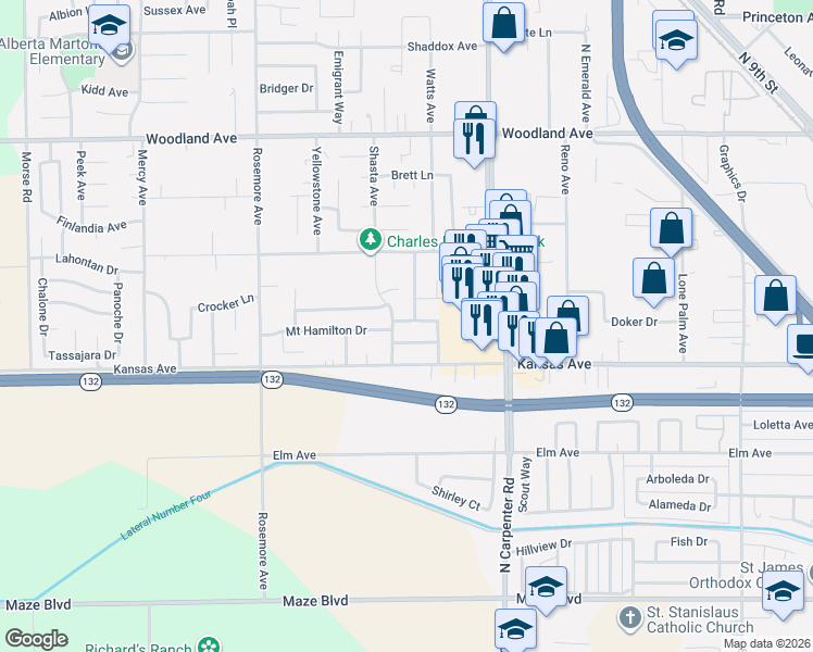 map of restaurants, bars, coffee shops, grocery stores, and more near 1800 Mount Hamilton Drive in Modesto