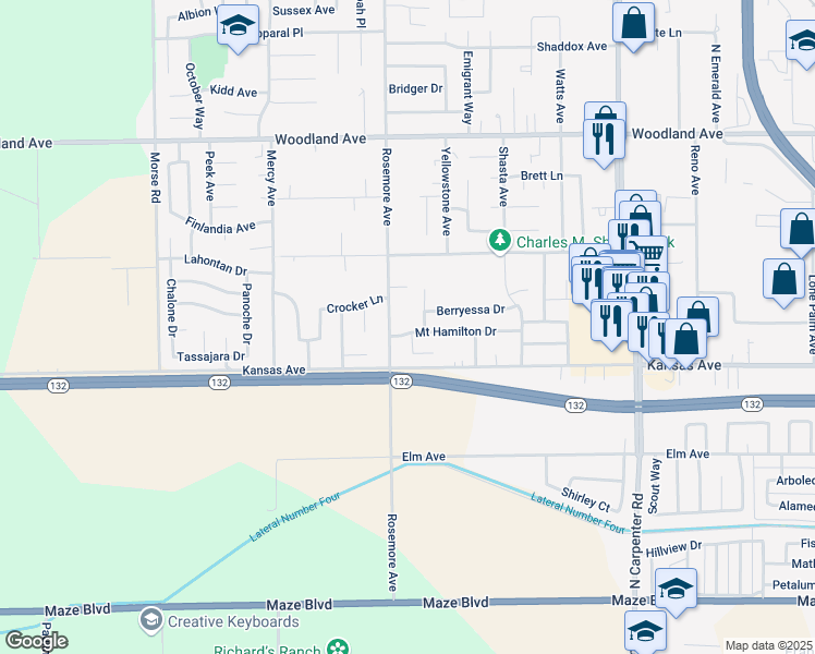map of restaurants, bars, coffee shops, grocery stores, and more near 2113 Mount Hamilton Drive in Modesto