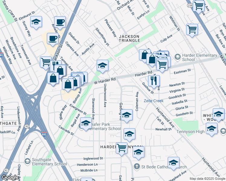 map of restaurants, bars, coffee shops, grocery stores, and more near 25905 Gading Road in Hayward