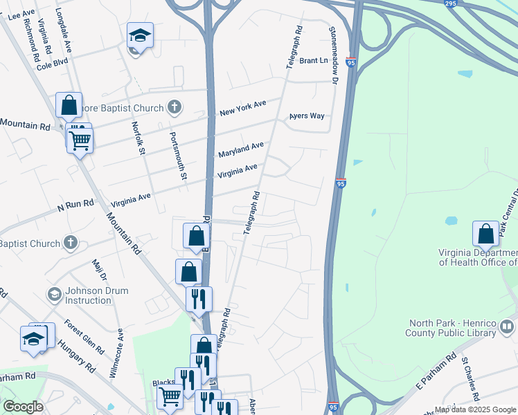 map of restaurants, bars, coffee shops, grocery stores, and more near 8921 Telegraph Road in Glen Allen