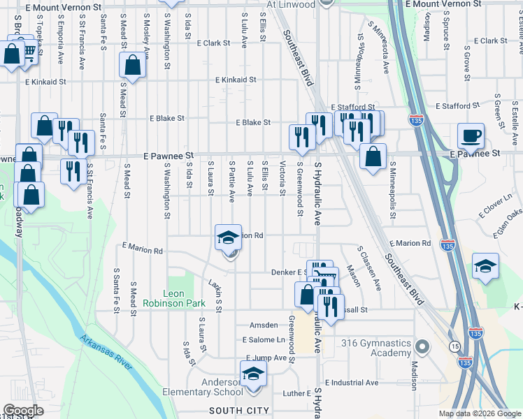 map of restaurants, bars, coffee shops, grocery stores, and more near 2528 Ellis South in Wichita