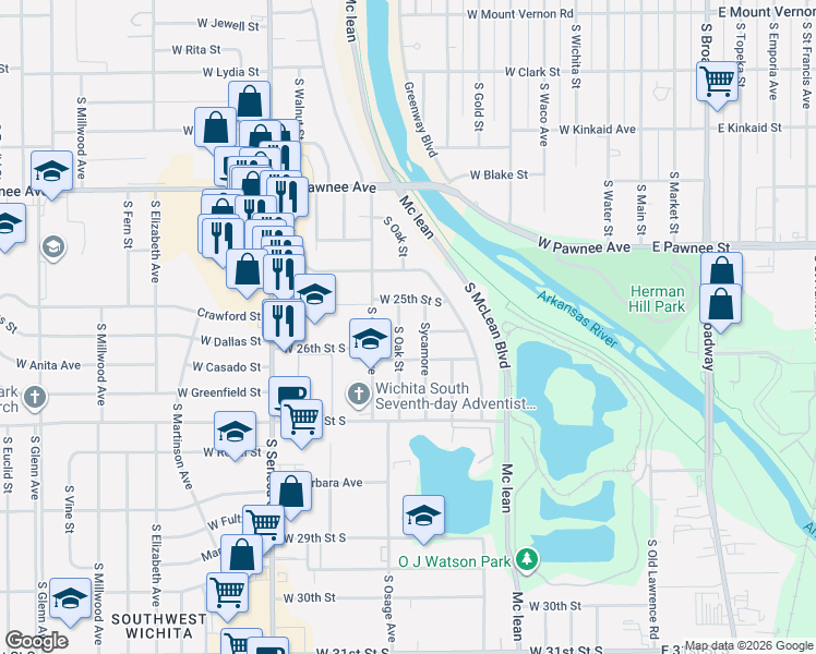 map of restaurants, bars, coffee shops, grocery stores, and more near 2633 Sycamore South in Wichita