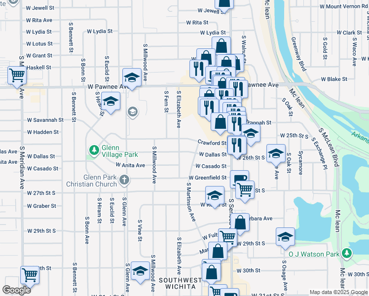 map of restaurants, bars, coffee shops, grocery stores, and more near 2705 South Martinson Avenue in Wichita