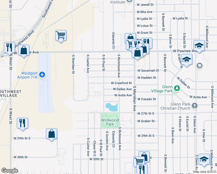 map of restaurants, bars, coffee shops, grocery stores, and more near 2726 West Dallas Street in Wichita