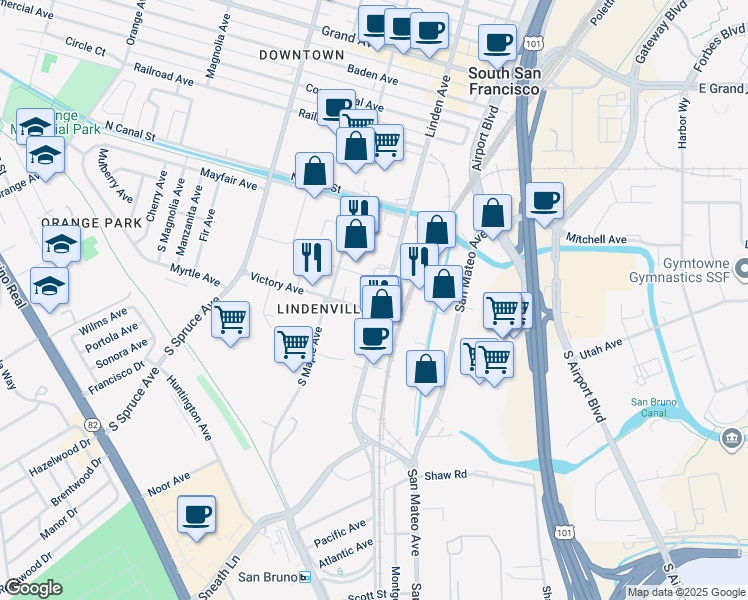 map of restaurants, bars, coffee shops, grocery stores, and more near 88 South Linden Avenue in South San Francisco