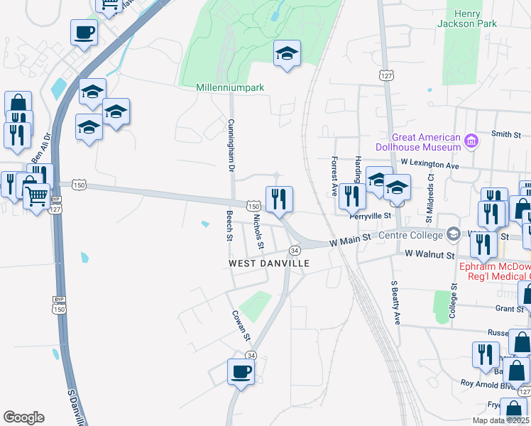 map of restaurants, bars, coffee shops, grocery stores, and more near 1118 Perryville Road in Danville