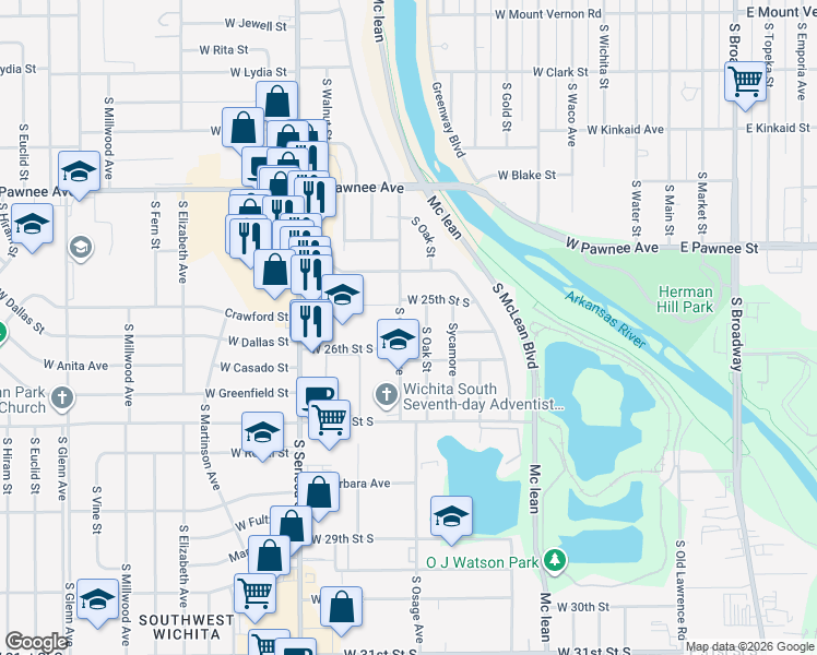 map of restaurants, bars, coffee shops, grocery stores, and more near 2634 South Osage Avenue in Wichita