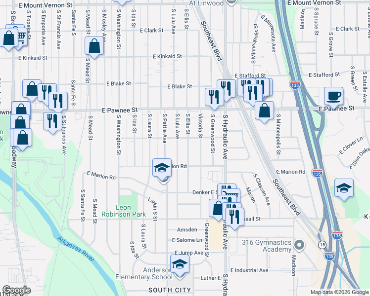 map of restaurants, bars, coffee shops, grocery stores, and more near 2528 Ellis South in Wichita