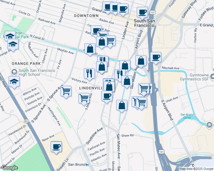 map of restaurants, bars, coffee shops, grocery stores, and more near 88 South Linden Avenue in South San Francisco