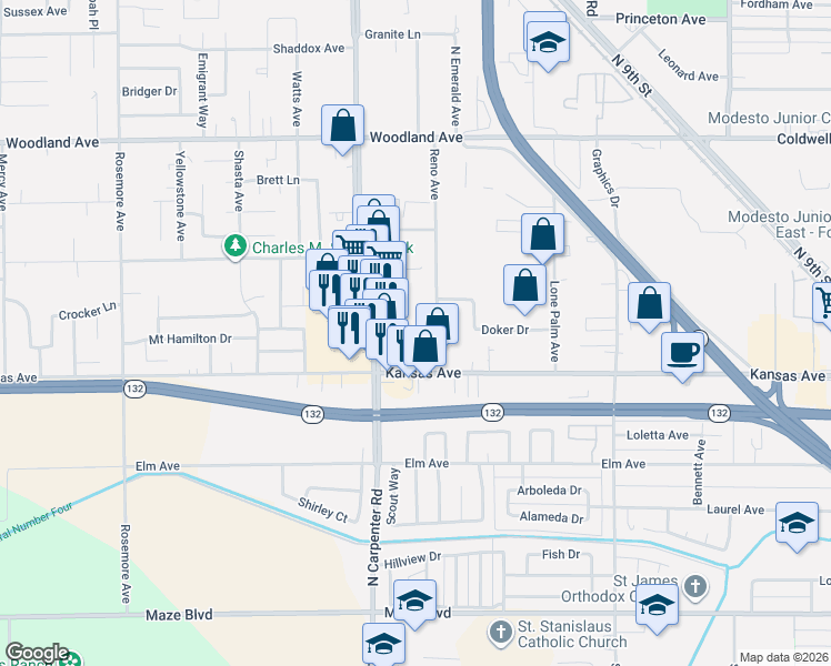 map of restaurants, bars, coffee shops, grocery stores, and more near 901 Reno Avenue in Modesto