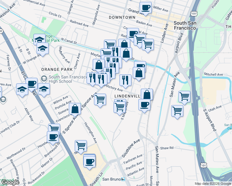 map of restaurants, bars, coffee shops, grocery stores, and more near 451 Victory Avenue in South San Francisco