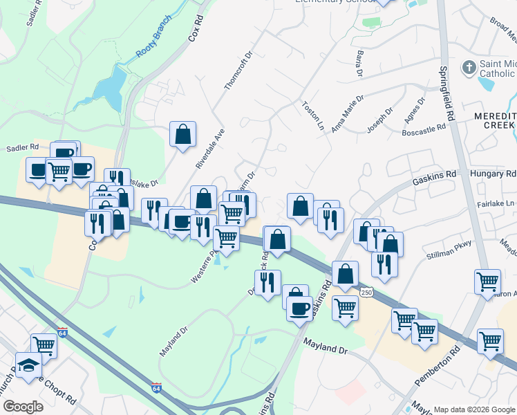 map of restaurants, bars, coffee shops, grocery stores, and more near 10142 West Broad Street in Glen Allen