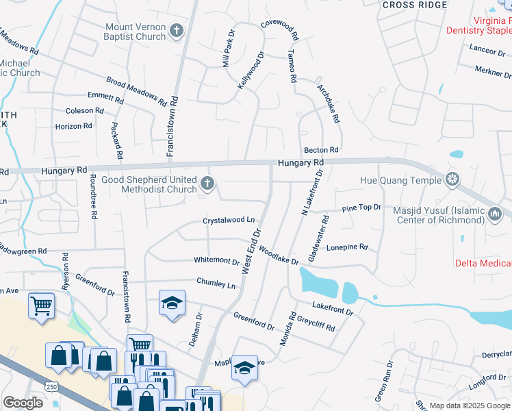 map of restaurants, bars, coffee shops, grocery stores, and more near 9103 Danielsdale Drive in Richmond