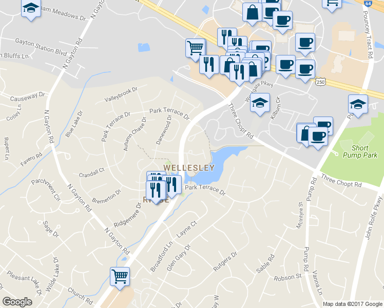 map of restaurants, bars, coffee shops, grocery stores, and more near 3800 Wellesley Terrace Circle in Henrico