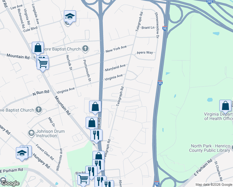 map of restaurants, bars, coffee shops, grocery stores, and more near 8921 Telegraph Road in Glen Allen