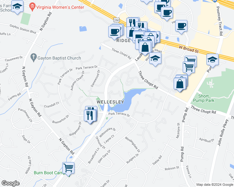map of restaurants, bars, coffee shops, grocery stores, and more near 11221 Wellesley Terrace Court in Henrico