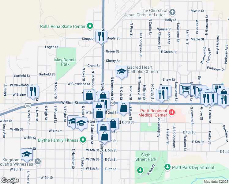 map of restaurants, bars, coffee shops, grocery stores, and more near 202 East Blaine Street in Pratt