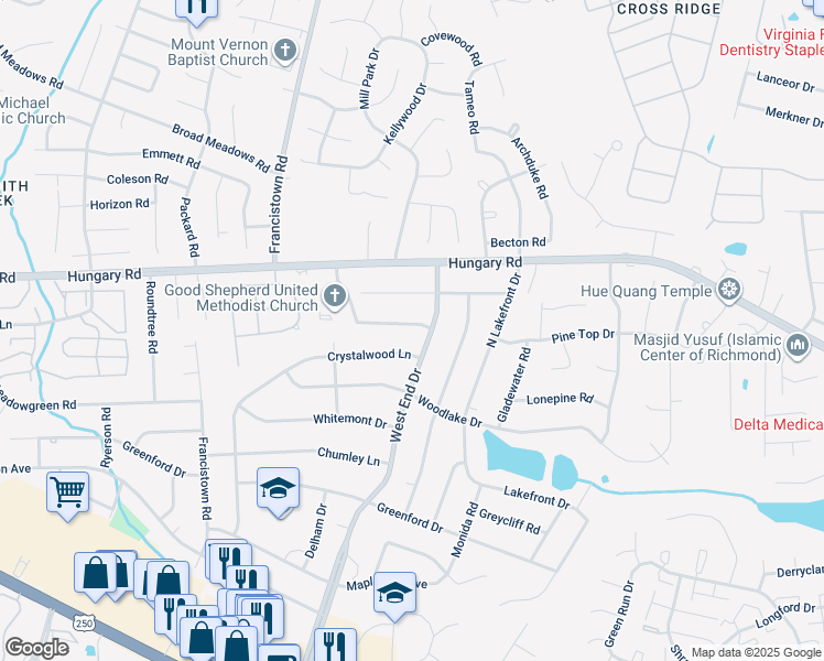 map of restaurants, bars, coffee shops, grocery stores, and more near 9103 Danielsdale Drive in Richmond
