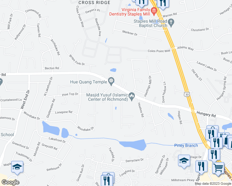 map of restaurants, bars, coffee shops, grocery stores, and more near 9600 Honey Terrace in Glen Allen