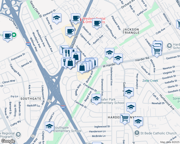 map of restaurants, bars, coffee shops, grocery stores, and more near 404 West Harder Road in Hayward