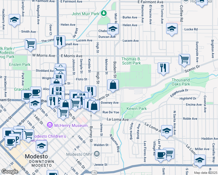 map of restaurants, bars, coffee shops, grocery stores, and more near 152 Melrose Street in Modesto
