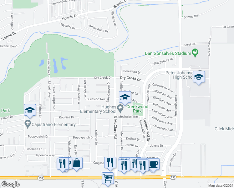 map of restaurants, bars, coffee shops, grocery stores, and more near 544 North McClure Road in Modesto