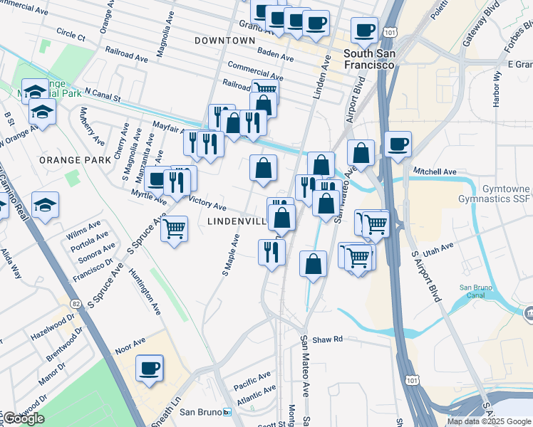 map of restaurants, bars, coffee shops, grocery stores, and more near 88 South Linden Avenue in South San Francisco