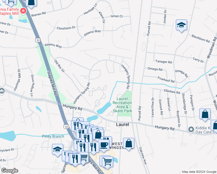 map of restaurants, bars, coffee shops, grocery stores, and more near 9373 Man-O-War Court in Glen Allen