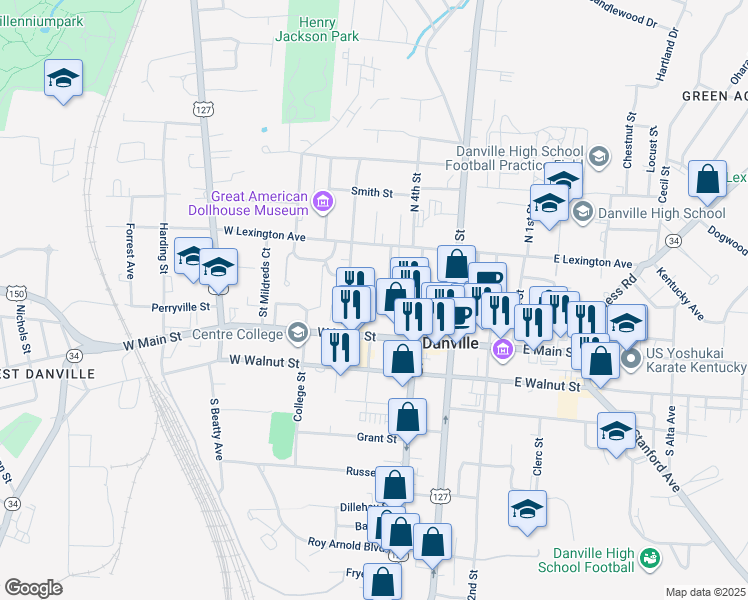 map of restaurants, bars, coffee shops, grocery stores, and more near 451 West Main Street in Danville