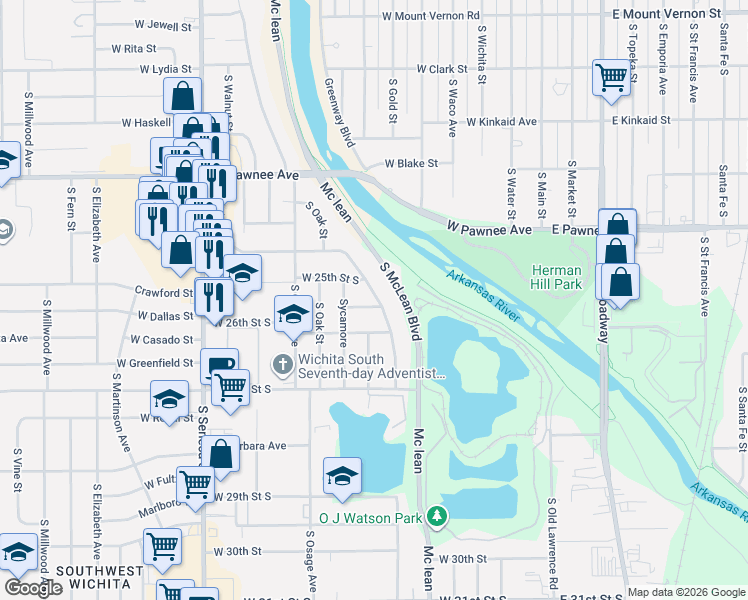 map of restaurants, bars, coffee shops, grocery stores, and more near 517 W Aspen St in Wichita