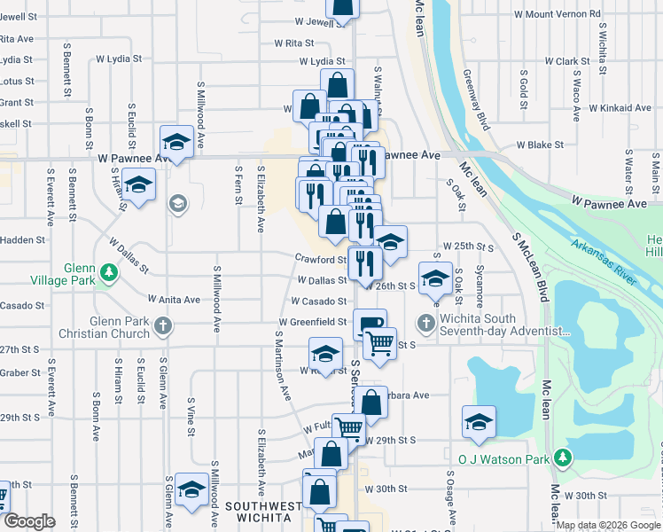 map of restaurants, bars, coffee shops, grocery stores, and more near 1214 West Dallas Street in Wichita