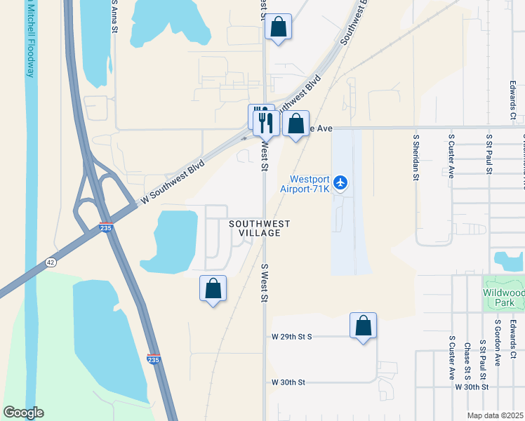map of restaurants, bars, coffee shops, grocery stores, and more near 2540-2624 South West Street in Wichita