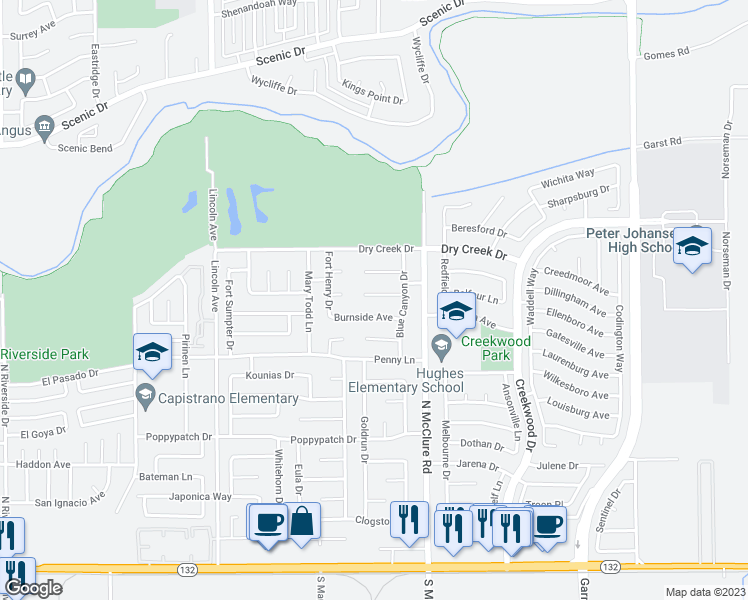 map of restaurants, bars, coffee shops, grocery stores, and more near 3316 Mokelumne Court in Modesto