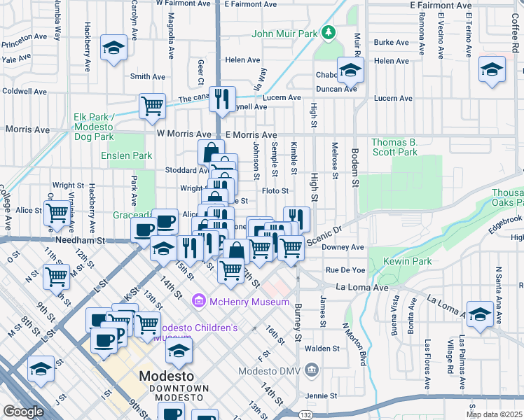 map of restaurants, bars, coffee shops, grocery stores, and more near 212 Johnson Street in Modesto