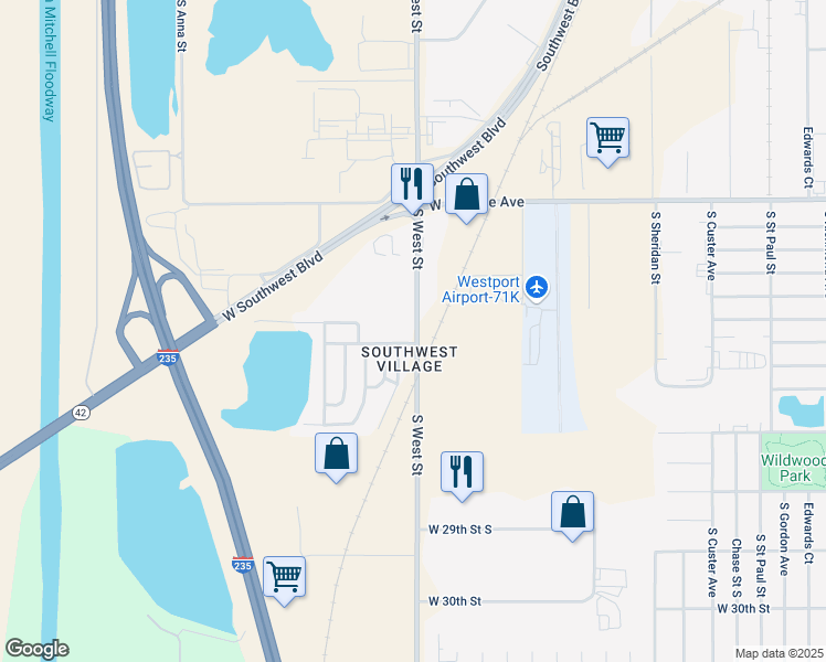 map of restaurants, bars, coffee shops, grocery stores, and more near 2540-2624 South West Street in Wichita